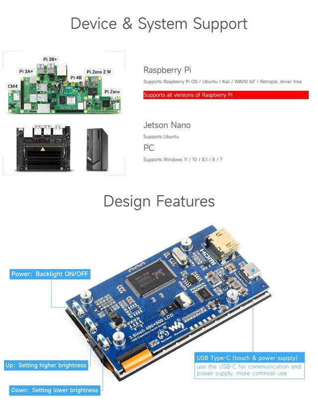 Alt view image 4 of 7 - 3.5inch IPS Capacitive Touch LCD Display, Compatible with Raspberry Pi 5/4B/3B/Zero/Zero W/Zero 2W/Pico/Pico W/Pico WH, 480×800, Adjustable Brightness