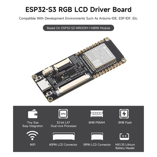 Alt view image 3 of 7 - ESP32-S3 RGB LCD Driver Board, Equipped with 32-Bit 240MHz LX7 Dual-Core Processor, 8MB PSRAM and Flash, WiFi & Bluetooth Support, Driver Board Only