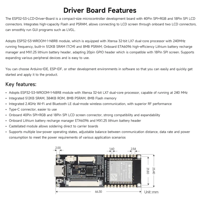 Alt view image 4 of 7 - ESP32-S3 RGB LCD Driver Board, Equipped with 32-Bit 240MHz LX7 Dual-Core Processor, 8MB PSRAM and Flash, WiFi & Bluetooth Support, Driver Board Only