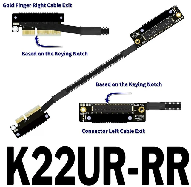 Alt view image 2 of 3 - K22U PCIe 5.0 x4 Extension Cable Dual Reverse Side-Angled, Gen5 128Gbps High-Speed for Network Card SSD USB Card (30CM,K22UR-RR)
