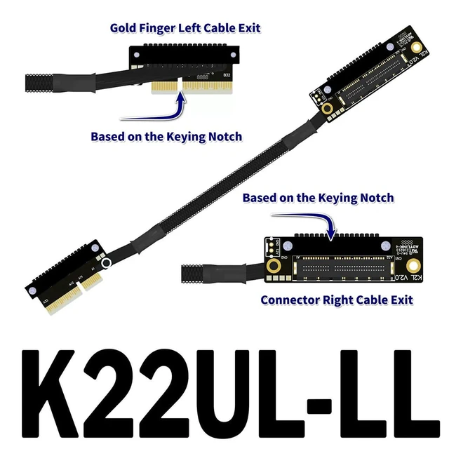 Alt view image 2 of 3 - K22U PCIe 5.0 x4 Extension Cable Dual Reverse Side-Angled, Gen5 128Gbps High-Speed for Network Card SSD USB Card (30CM,K22UL-LL)