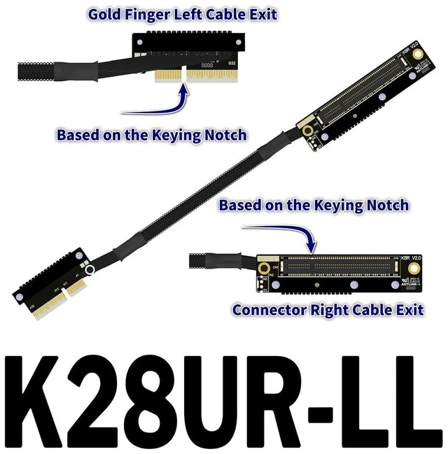 Alt view image 2 of 2 - K28 Dual Reverse PCIe 5.0 x4 to x8 High-Speed Riser Cable, Gen5 128Gbps Side-Angled Black for Network Card SSD Capture Card (30CM,K28UR-LL)