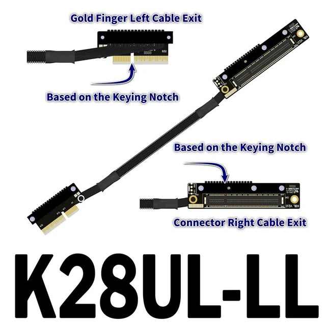 Alt view image 2 of 2 - K28 Dual Reverse PCIe 5.0 x4 to x8 High-Speed Riser Cable, Gen5 128Gbps Side-Angled Black for Network Card SSD Capture Card (30CM,K28UL-LL)