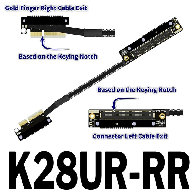 Alt view image 2 of 2 - K28 Dual Reverse PCIe 5.0 x4 to x8 High-Speed Riser Cable, Gen5 128Gbps Side-Angled Black for Network Card SSD Capture Card (30CM,K28UR-RR)
