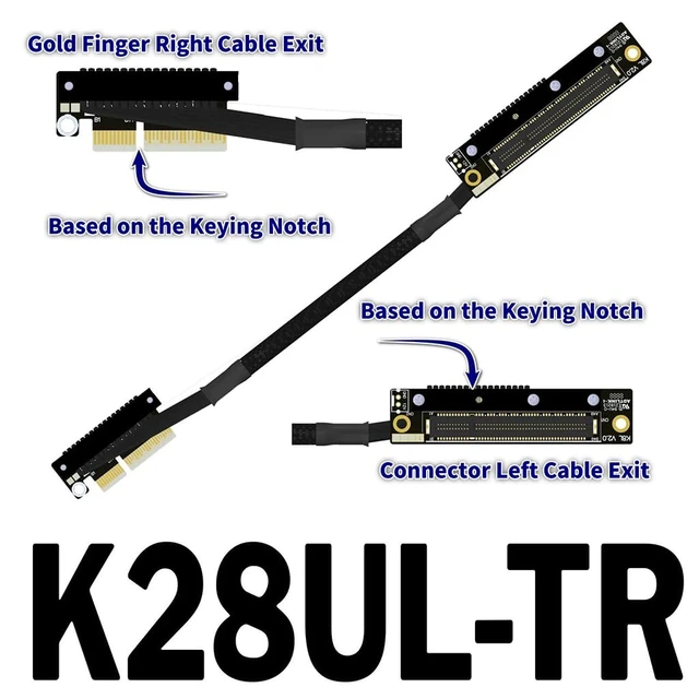 Alt view image 2 of 2 - K28 Dual Reverse PCIe 5.0 x4 to x8 High-Speed Riser Cable, Gen5 128Gbps Side-Angled Black for Network Card SSD Capture Card (30CM,K28UL-TR)