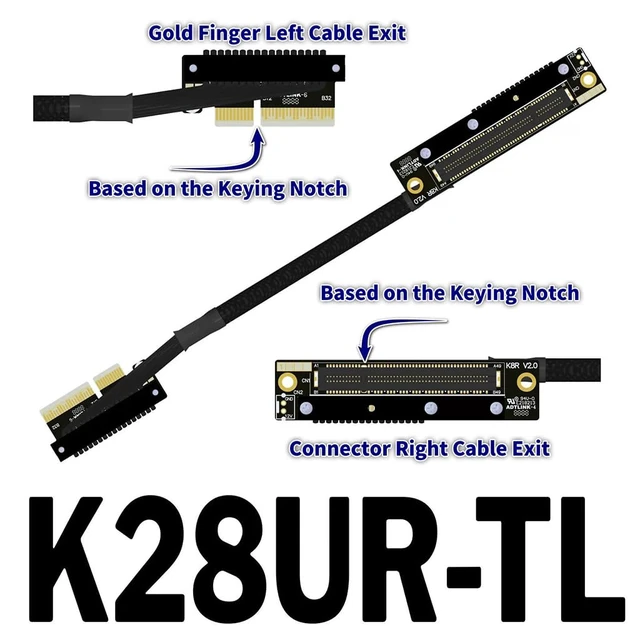 Alt view image 2 of 2 - K28 Dual Reverse PCIe 5.0 x4 to x8 High-Speed Riser Cable, Gen5 128Gbps Side-Angled Black for Network Card SSD Capture Card (30CM,K28UR-TL)