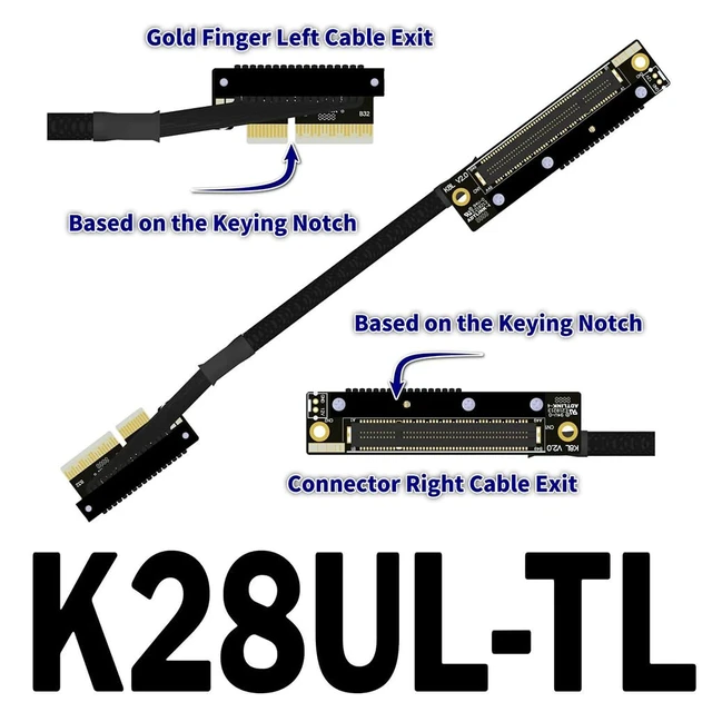 Alt view image 2 of 2 - K28 Dual Reverse PCIe 5.0 x4 to x8 High-Speed Riser Cable, Gen5 128Gbps Side-Angled Black for Network Card SSD Capture Card (30CM,K28UL-TL)