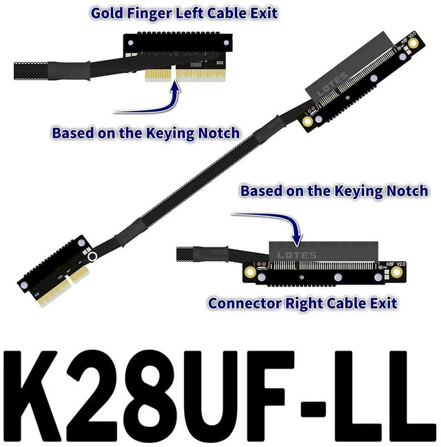 Alt view image 2 of 2 - K28 Dual Reverse PCIe 5.0 x4 to x8 High-Speed Riser Cable, Gen5 128Gbps Side-Angled Black for Network Card SSD Capture Card (30CM,K28UF-LL)