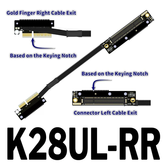 Alt view image 2 of 2 - K28 Dual Reverse PCIe 5.0 x4 to x8 High-Speed Riser Cable, Gen5 128Gbps Side-Angled Black for Network Card SSD Capture Card (30CM,K28UL-RR)