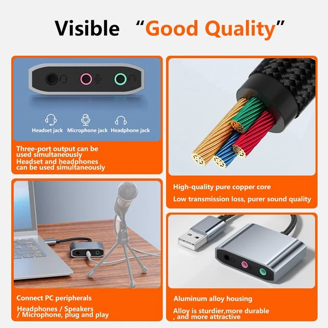 Alt view image 2 of 7 - External USB Sound Card with 3 Ports Driver-Free Plug and Play for 3.5mm Headphones Headset Microphone