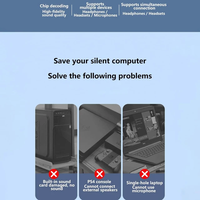 Alt view image 6 of 7 - External USB Sound Card with 3 Ports Driver-Free Plug and Play for 3.5mm Headphones Headset Microphone