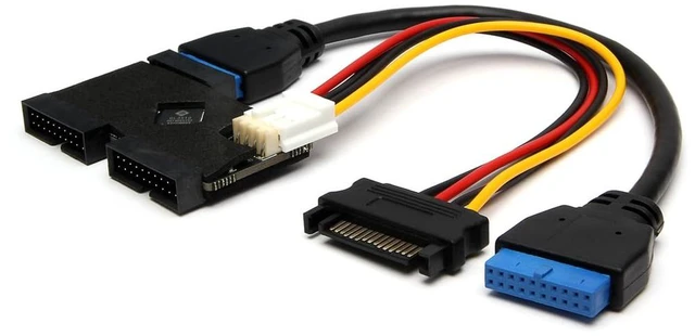 Alt view image 6 of 7 - Motherboard USB 3.0 19-Pin 1 to 2 Hub, 5Gbps High-Speed, SATA 15-Pin Auxiliary Power, Driver-Free Plug and Play, Dual 19-Pin Female for Front Panel