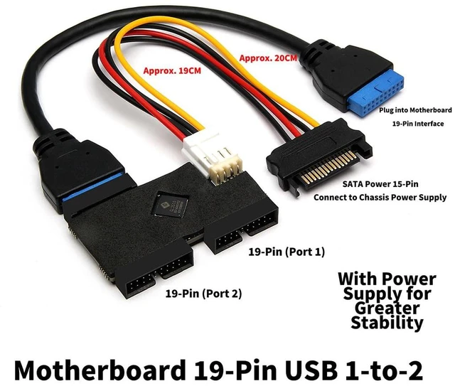 Alt view image 2 of 7 - Motherboard USB 3.0 19-Pin 1 to 2 Hub, 5Gbps High-Speed, SATA 15-Pin Auxiliary Power, Driver-Free Plug and Play, Dual 19-Pin Female for Front Panel