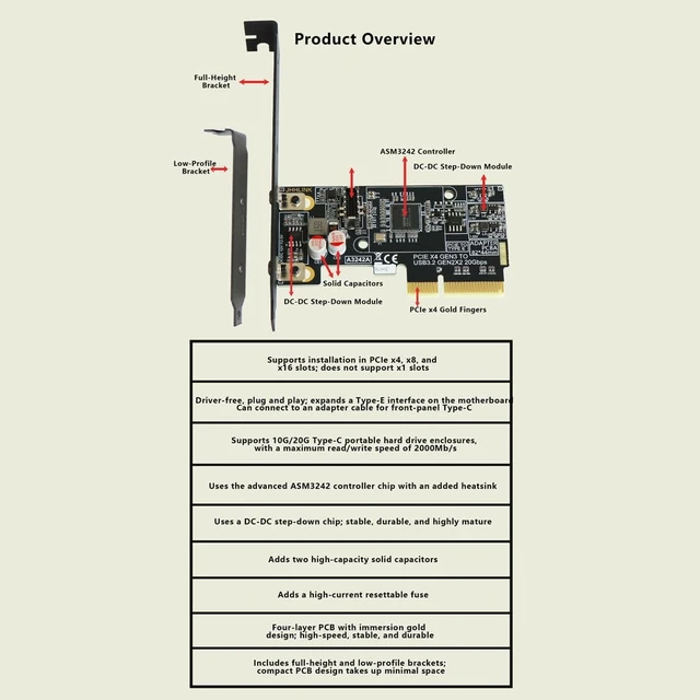 Alt view image 3 of 7 - PCIe 3.0 x4 to Type-E Adapter Card 20Gbps A3242A for Front Panel USB C Enclosure