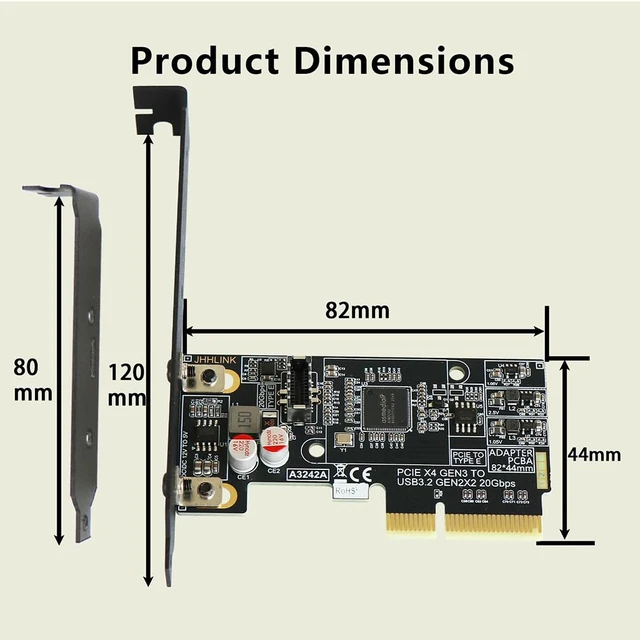Alt view image 4 of 7 - PCIe 3.0 x4 to Type-E Adapter Card 20Gbps A3242A for Front Panel USB C Enclosure