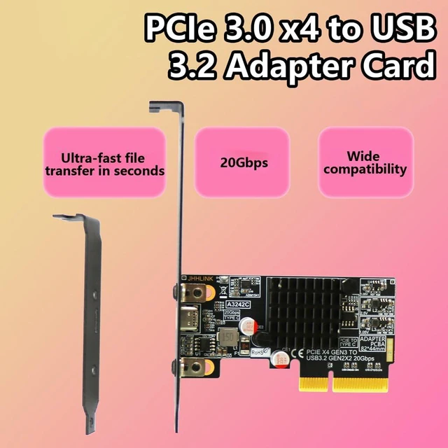 Alt view image 2 of 7 - PCIe3.0 x4 to USB C Adapter Card USB 3.2 Gen 2x2 20Gbps Expansion with Full + Low Profile Brackets for PC Motherboard