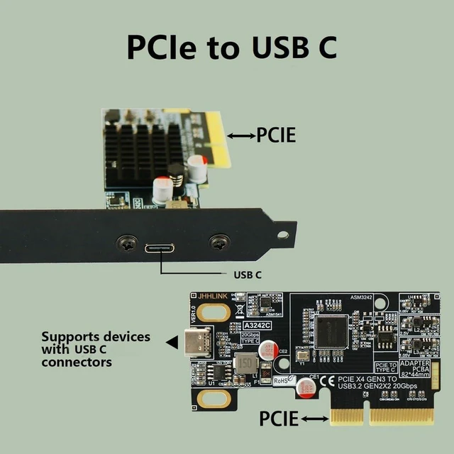 Alt view image 5 of 7 - PCIe3.0 x4 to USB C Adapter Card USB 3.2 Gen 2x2 20Gbps Expansion with Full + Low Profile Brackets for PC Motherboard