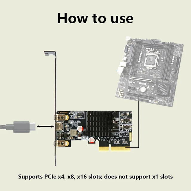 Alt view image 7 of 7 - PCIe3.0 x4 to USB C Adapter Card USB 3.2 Gen 2x2 20Gbps Expansion with Full + Low Profile Brackets for PC Motherboard