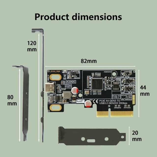 Alt view image 6 of 7 - PCIe3.0 x4 to USB C Adapter Card USB 3.2 Gen 2x2 20Gbps Expansion with Full + Low Profile Brackets for PC Motherboard