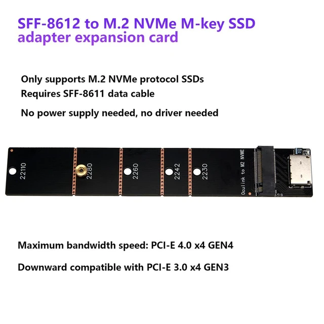 Alt view image 2 of 7 - PCIe 4.0 x4 OCuLink SFF-8612 to M.2 M-Key Adapter Compatible with M.2 NVMe 2230 2242 2260 2280 22110 SSD