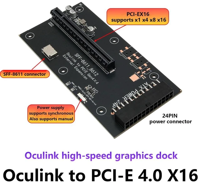 Alt view image 2 of 7 - OCuLink SFF-8611 to PCIe 4.0 x16 External GPU Adapter Card, 24PIN ATX Power, Sync & Manual Control Support PCIe x1 x4 x8 x16