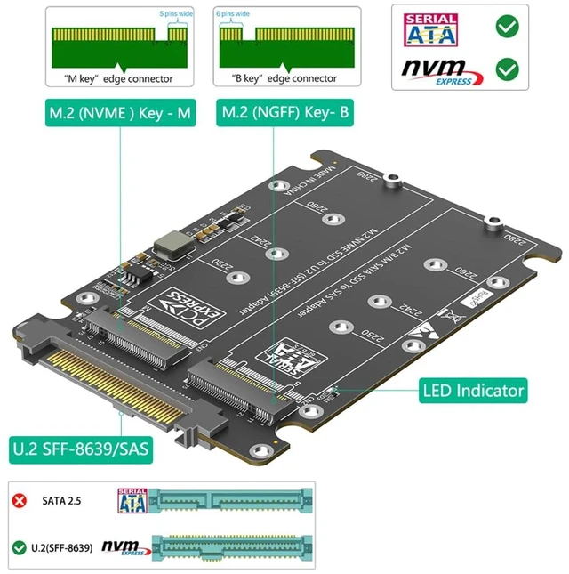 Alt view image 2 of 7 - NVMe-Compatible M-Key + NGFF B-Key SSD to U.2 SFF-8639 Converter Card Supports 2230 2242 2260 2280 M.2 SSD for Server NAS
