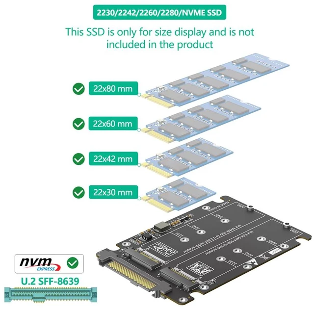 Alt view image 3 of 7 - NVMe-Compatible M-Key + NGFF B-Key SSD to U.2 SFF-8639 Converter Card Supports 2230 2242 2260 2280 M.2 SSD for Server NAS