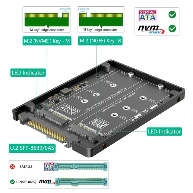Alt view image 2 of 7 - NVMe-Compatible M-Key + NGFF B-Key SSD to U.2 SFF-8639 Converter Card with Case Supports 2230 2242 2260 2280 M.2 SSD for Server NAS