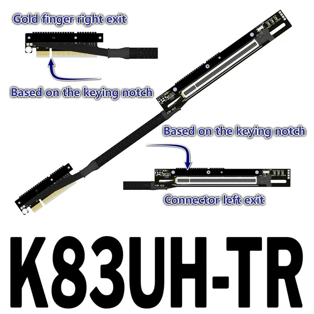 Alt view image 2 of 4 - PCIe 5.0 x8 to x16 GPU Riser Cable with Latch 256Gbps HighSpeed Riser Supports RTX 50 Series, RX 90xx Series, New PCIe 5.0 GPU (K83UH-TR,30CM)