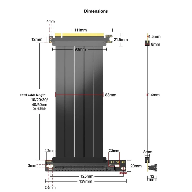 Alt view image 6 of 7 - PCIe x16 GPU Extension Cable Vertical Mount Riser Compatible with RTX 40/30/20 Series, RX 7000/6000 Series GPU (PCIe4.0, 10CM 180° to 90°)