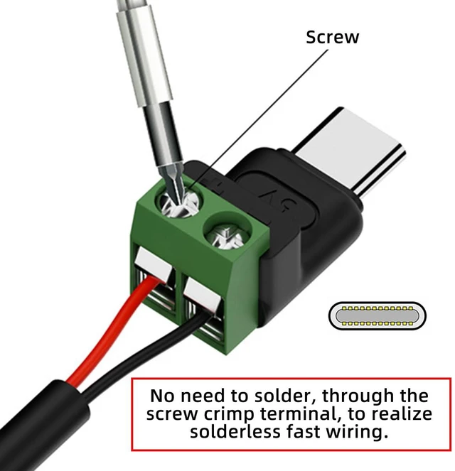 Alt view image 4 of 7 - 2Pin Terminal Input to Type-C Male Plug Output Connector DIY OEM Repair Solderless Connector DC 5V Power (5pcs/Set)