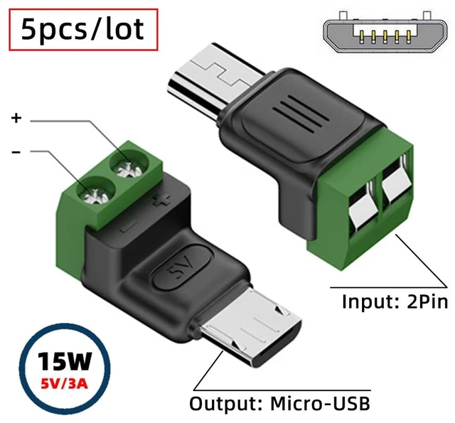 Alt view image 2 of 7 - DIY OEM Micro USB 5Pin Male Connector to 2Pin Terminal DIY OEM Repair Solderless Connector DC 5V Power (5pcs/Set)