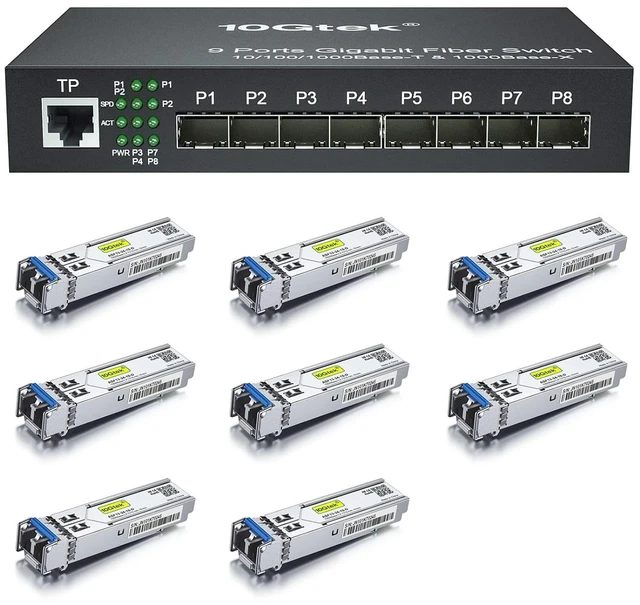 Main image of 9-Port Gigabit Ethernet Switch with 8X 1000Base-LX Modules Included, SMF Dual LC Fiber to Ethernet RJ45 Converter for 10/100/1000Base-Tx to 1000Base-LX, Unmanaged, UL Certified