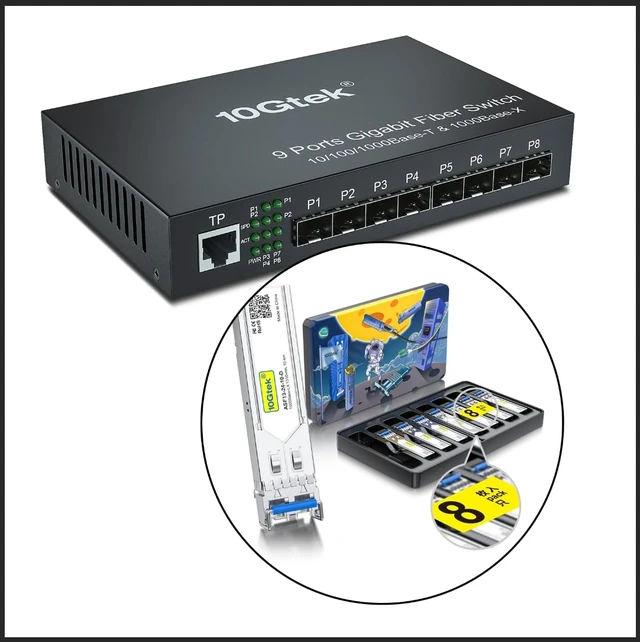 Alt view image 2 of 6 - 9-Port Gigabit Ethernet Switch with 8X 1000Base-LX Modules Included, SMF Dual LC Fiber to Ethernet RJ45 Converter for 10/100/1000Base-Tx to 1000Base-LX, Unmanaged, UL Certified