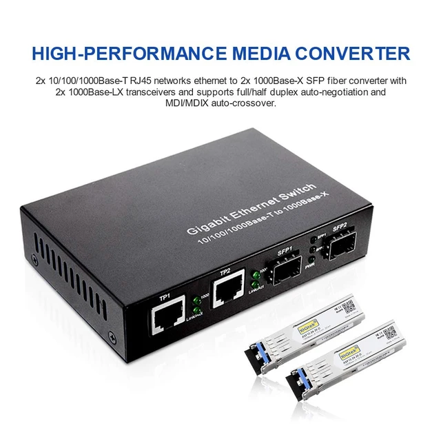 Alt view image 2 of 7 - Gigabit Ethernet Media Converter, Singlemode Dual LC, 1.25Gb/s 2X 10/100/1000Base-T RJ45 Networks Ethernet to 2X 1000Base-X SFP Fiber Converter with 2X Gigabit SFP 1000Base-LX Transceiver