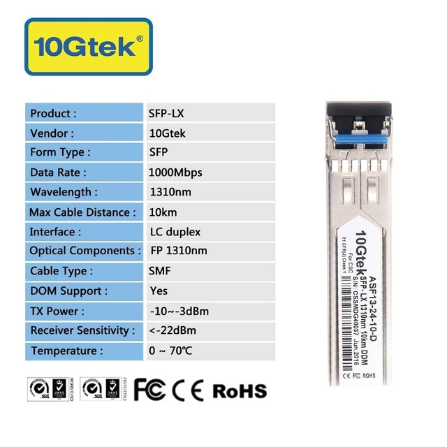 Alt view image 4 of 4 - 1000Base-LX Gigabit SFP LC SingleMode Transceiver Module for Cisco GLC-LH-SMD, Meraki MA-SFP-1GB-LX10, Ubiquiti UniFi, Fortinet, Mikrotik, TP-Link TL-SM311LS, 1310nm, DDM, 10km, Pack of 10