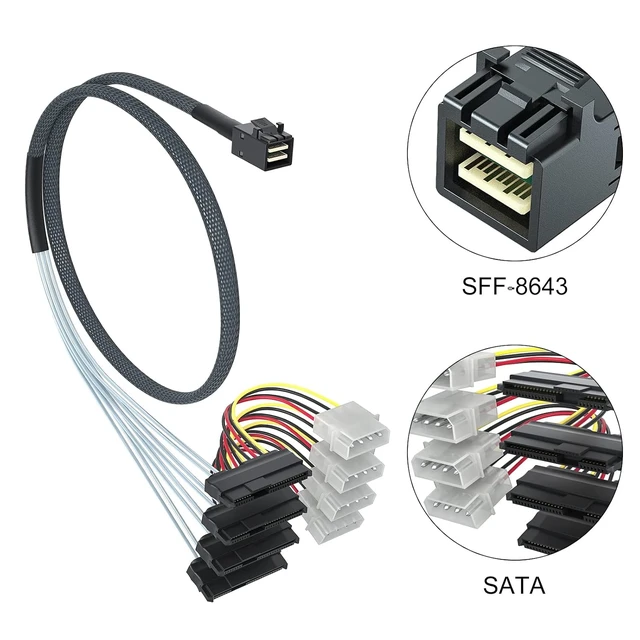 Alt view image 2 of 7 - Internal Mini SAS HD SFF-8643 to 4xSFF-8482 Fan-Out SAS Cable with IDE Molex SATA Power for Raid Controller to Hard Drive, 12Gb/s, 1-m(3.3 ft)