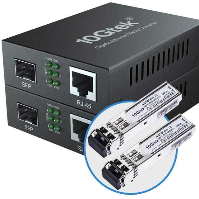 Main image of Gigabit Ethernet Media Converter, MultiMode Dual LC Fiber to Ethernet RJ45 Converter for 10/100/1000Base-Tx to 1000Base-SX(with a SFP MMF 850-nm Module), UL Certified, up to 550-m, Pack of 2