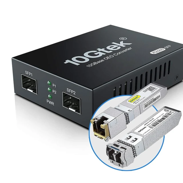 Alt view image 3 of 7 - 10GbE SFP+ Media Converter, Fiber to 10G Copper UTP Ethernet Media Converter, with a 10GBase-T Reach 30 Meters Transceiver and a SFP+ IR Module (1.4km, SMF, 1310nm), Pack of 2