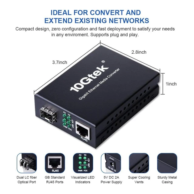 Alt view image 2 of 7 - Gigabit Ethernet Media Converter with a 1000Base-SX Module Included, MMF Dual LC Fiber to Ethernet RJ45 Converter for 10/100/1000Base-Tx to 1000Base-SX, UL Certified, up to 550m