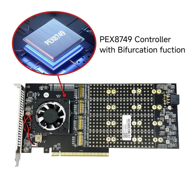 Alt view image 3 of 7 - PCIe3.0 X16 to (8X) M.2 Adapter, for NVMe SSD, PEX8749 Controller with Bifurcation Function. Applicable to Windows Server/Windows/linux/VMwareESX/ESXi/FreeBSD14/Ubuntu System