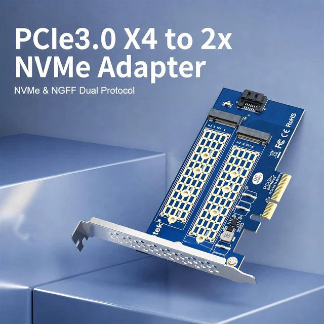 Alt view image 3 of 7 - 2-Port M.2 NVMe PCIe 3.0 x4 Adapter Card, Supports M-Key & B-Key SSDs, Dual SSD Enclosure for Desktop PC