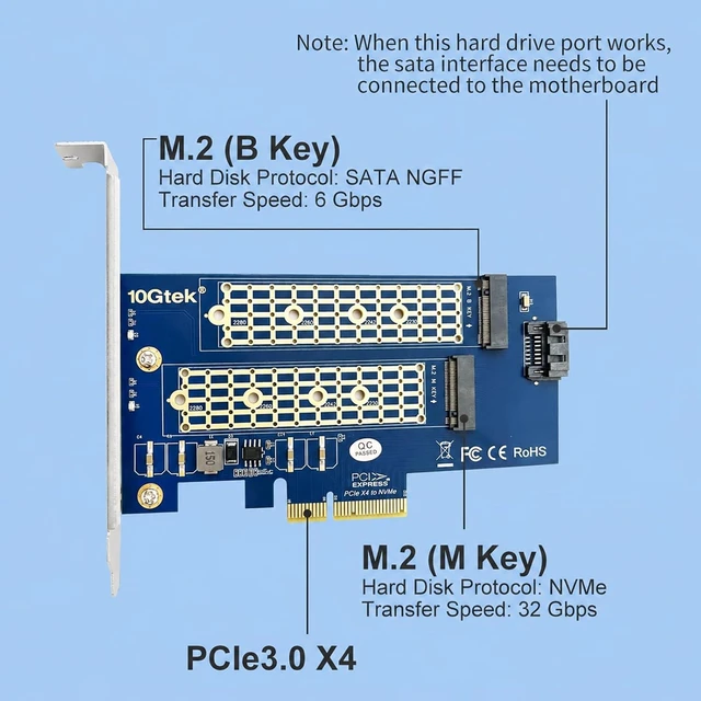 Alt view image 5 of 7 - 2-Port M.2 NVMe PCIe 3.0 x4 Adapter Card, Supports M-Key & B-Key SSDs, Dual SSD Enclosure for Desktop PC