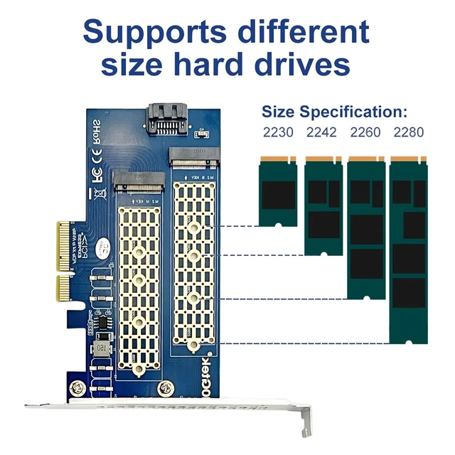 Alt view image 7 of 7 - 2-Port M.2 NVMe PCIe 3.0 x4 Adapter Card, Supports M-Key & B-Key SSDs, Dual SSD Enclosure for Desktop PC