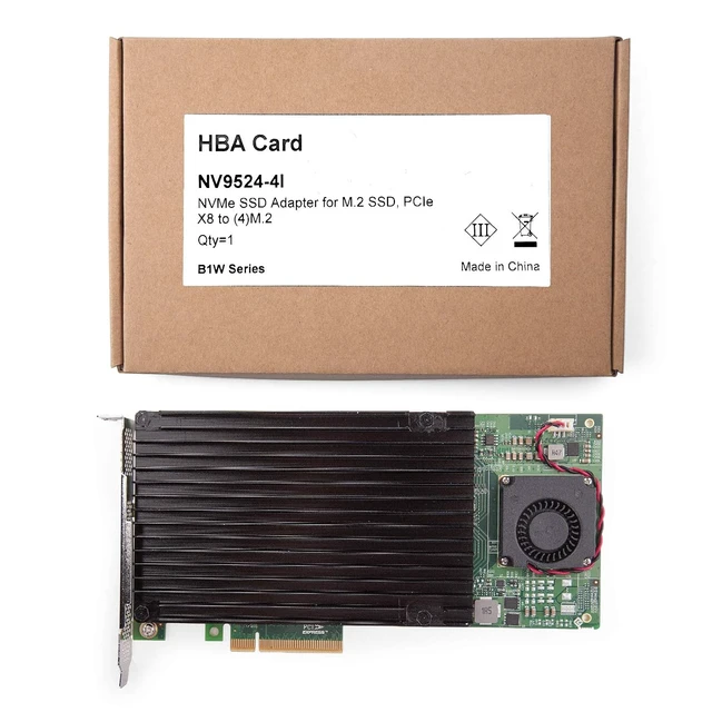 Alt view image 6 of 6 - PCIe 3.0 x8 NVMe SSD Card, 4-Port M.2 U.2 Expansion with PEX8724 Controller, Aluminum Heatsink & Fan, Non-Bifurcation Motherboards, 2230/2242/2260/2280/22110 SSDs, Includes Full-Height Bracket