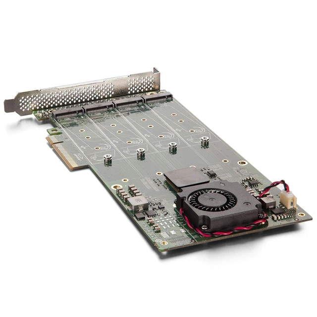 Alt view image 4 of 6 - PCIe 3.0 x8 NVMe SSD Card, 4-Port M.2 U.2 Expansion with PEX8724 Controller, Aluminum Heatsink & Fan, Non-Bifurcation Motherboards, 2230/2242/2260/2280/22110 SSDs, Includes Full-Height Bracket