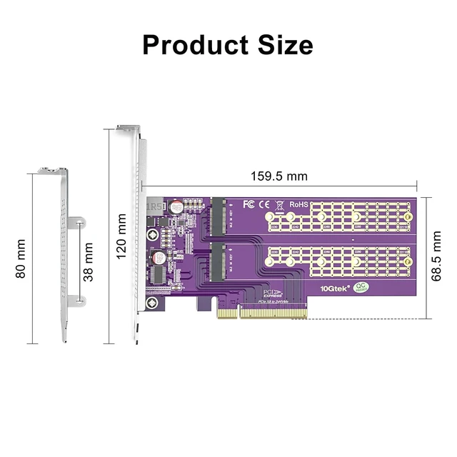 Alt view image 2 of 5 - Dual M.2 NVMe PCIe 3.0 x8 Adapter Card, Supports 22110/2280/2260/2242 SSDs, M-Key Design, Requires Motherboard BIOS Bifurcation