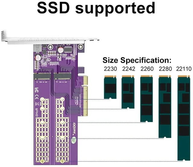 Alt view image 4 of 5 - Dual M.2 NVMe PCIe 3.0 x8 Adapter Card, Supports 22110/2280/2260/2242 SSDs, M-Key Design, Requires Motherboard BIOS Bifurcation