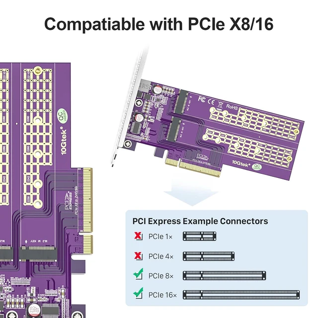 Alt view image 5 of 5 - Dual M.2 NVMe PCIe 3.0 x8 Adapter Card, Supports 22110/2280/2260/2242 SSDs, M-Key Design, Requires Motherboard BIOS Bifurcation