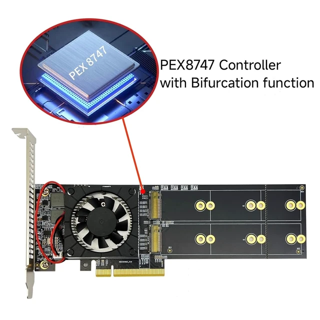 Alt view image 2 of 5 - PCIe3.0 x8 to (4X) M.2 Adapter, for NVMe SSD, PEX8747 Controller with Bifurcation Function, Applicable to Windows Server/Windows/Linux/VMwareESX/ESXi/FreeBSD14/Ubuntu System
